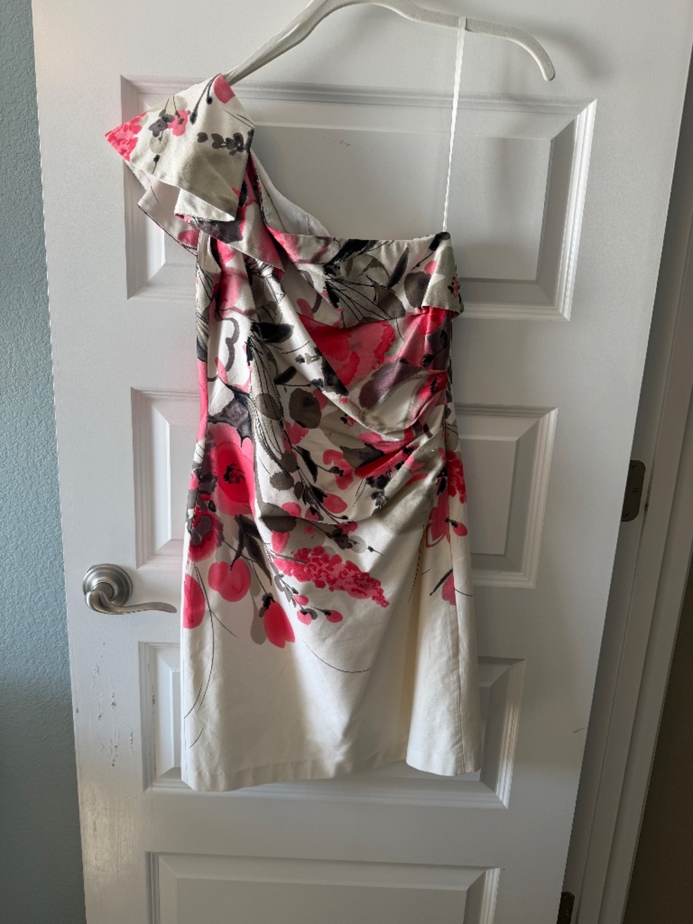 Eliza J One-Shoulder Floral Dress in Cream and Pink